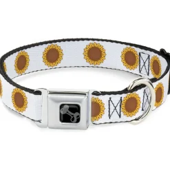 Dog Bone Black/Silver Seatbelt Buckle Collar - Sunflower Face Repeat White