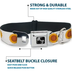 Dog Bone Black/Silver Seatbelt Buckle Collar - Sunflower Face Repeat White