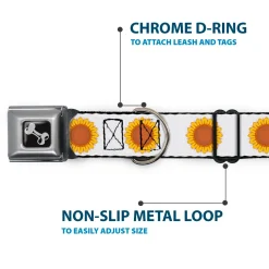 Dog Bone Black/Silver Seatbelt Buckle Collar - Sunflower Face Repeat White