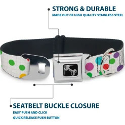 Dog Bone Black/Silver Seatbelt Buckle Collar - Dots/Grid White/Gray/Multi Color