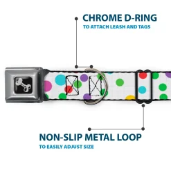 Dog Bone Black/Silver Seatbelt Buckle Collar - Dots/Grid White/Gray/Multi Color