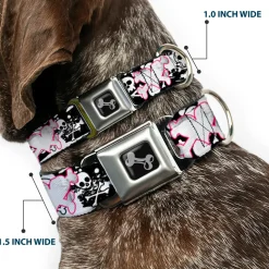 Dog Bone Black/Silver Seatbelt Buckle Collar - Punk Heart & Cross Bones w/Skulls & Splatter Black/White