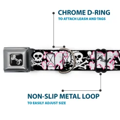 Dog Bone Black/Silver Seatbelt Buckle Collar - Punk Heart & Cross Bones w/Skulls & Splatter Black/White