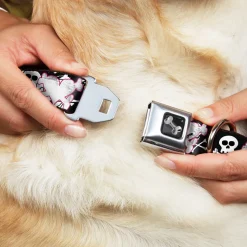 Dog Bone Black/Silver Seatbelt Buckle Collar - Punk Heart & Cross Bones w/Skulls & Splatter Black/White