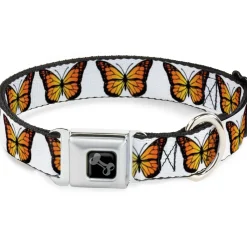 Dog Bone Black/Silver Seatbelt Buckle Collar - Monarch Butterfly Repeat White