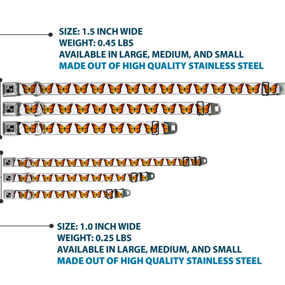 Dog Bone Black/Silver Seatbelt Buckle Collar - Monarch Butterfly Repeat White