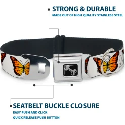 Dog Bone Black/Silver Seatbelt Buckle Collar - Monarch Butterfly Repeat White
