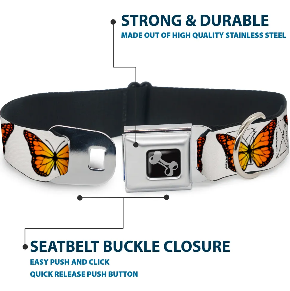 Dog Bone Black/Silver Seatbelt Buckle Collar - Monarch Butterfly Repeat White