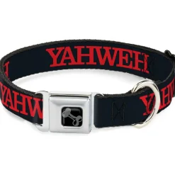 Dog Bone Black/Silver Seatbelt Buckle Collar - YAHWEH Text Navy Blue/Red