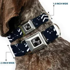 Dog Bone Black/Silver Seatbelt Buckle Collar - Zodiac Aquarius Symbol/Constellations Black/White