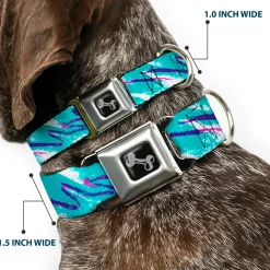Dog Bone Black/Silver Seatbelt Buckle Collar - Jazzy Wave Scribble White/Teal/Purple