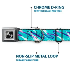 Dog Bone Black/Silver Seatbelt Buckle Collar - Jazzy Wave Scribble White/Teal/Purple