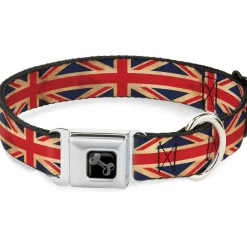 Dog Bone Black/Silver Seatbelt Buckle Collar - United Kingdom Flag Continuous Vintage