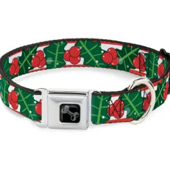Dog Bone Black/Silver Seatbelt Buckle Collar - Snowy Holly Stripe Reds/White/Greens