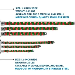 Dog Bone Black/Silver Seatbelt Buckle Collar - Snowy Holly Stripe Reds/White/Greens