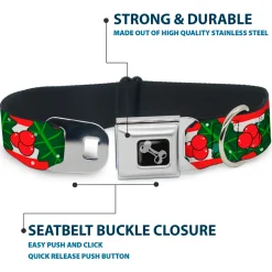 Dog Bone Black/Silver Seatbelt Buckle Collar - Snowy Holly Stripe Reds/White/Greens