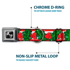 Dog Bone Black/Silver Seatbelt Buckle Collar - Snowy Holly Stripe Reds/White/Greens