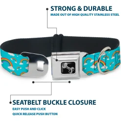 Dog Bone Black/Silver Seatbelt Buckle Collar - Rainbows Scattered Blue