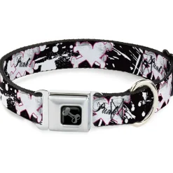 Dog Bone Black/Silver Seatbelt Buckle Collar - Punk Heart & Cross Bones w/Splatter Black/White