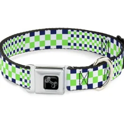 Dog Bone Black/Silver Seatbelt Buckle Collar - Checker Blocks White/Navy/Neon Green