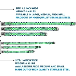 Dog Bone Black/Silver Seatbelt Buckle Collar - Checker Blocks White/Navy/Neon Green