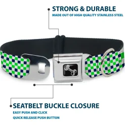 Dog Bone Black/Silver Seatbelt Buckle Collar - Checker Blocks White/Navy/Neon Green