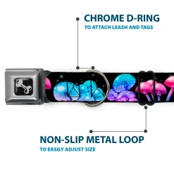 Dog Bone Black/Silver Seatbelt Buckle Collar - Mushroom Glow Black/Multi Color