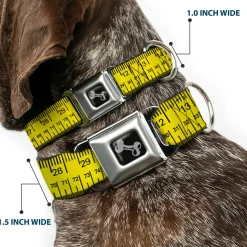 Dog Bone Black/Silver Seatbelt Buckle Collar - Measuring Tape Inches + Centimeters