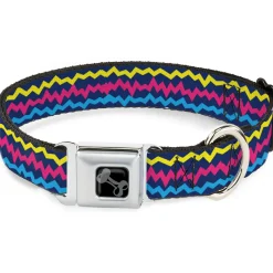 Dog Bone Black/Silver Seatbelt Buckle Collar - Scribble Zig Zag Stripe Navy/Multi Color