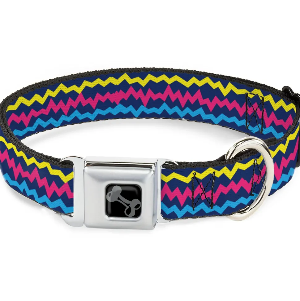 Dog Bone Black/Silver Seatbelt Buckle Collar - Scribble Zig Zag Stripe Navy/Multi Color