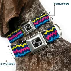 Dog Bone Black/Silver Seatbelt Buckle Collar - Scribble Zig Zag Stripe Navy/Multi Color