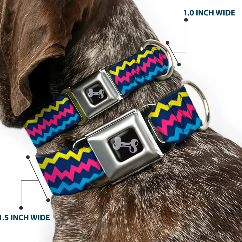 Dog Bone Black/Silver Seatbelt Buckle Collar - Scribble Zig Zag Stripe Navy/Multi Color