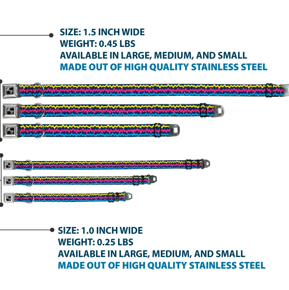 Dog Bone Black/Silver Seatbelt Buckle Collar - Scribble Zig Zag Stripe Navy/Multi Color