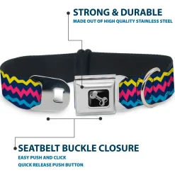 Dog Bone Black/Silver Seatbelt Buckle Collar - Scribble Zig Zag Stripe Navy/Multi Color
