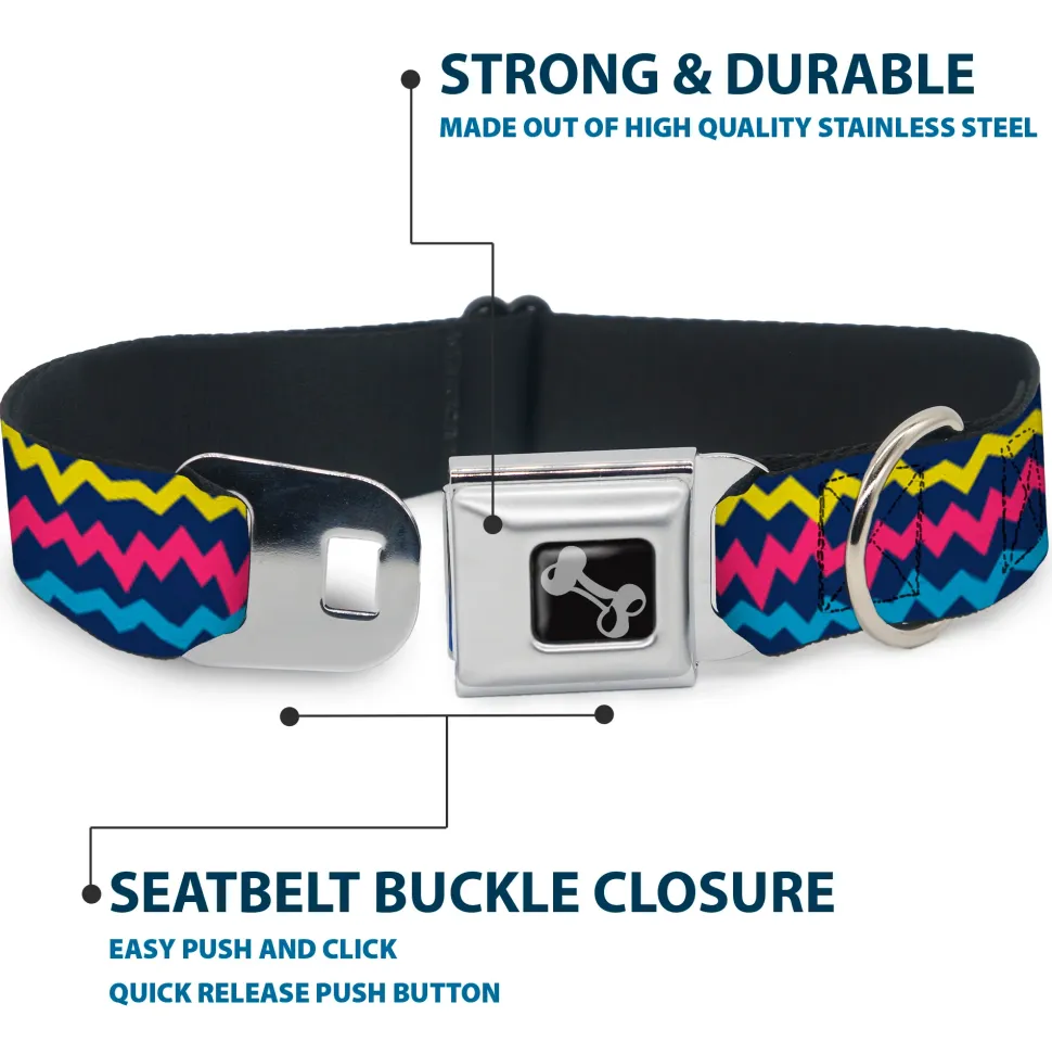 Dog Bone Black/Silver Seatbelt Buckle Collar - Scribble Zig Zag Stripe Navy/Multi Color