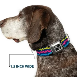 Dog Bone Black/Silver Seatbelt Buckle Collar - Scribble Zig Zag Stripe Navy/Multi Color