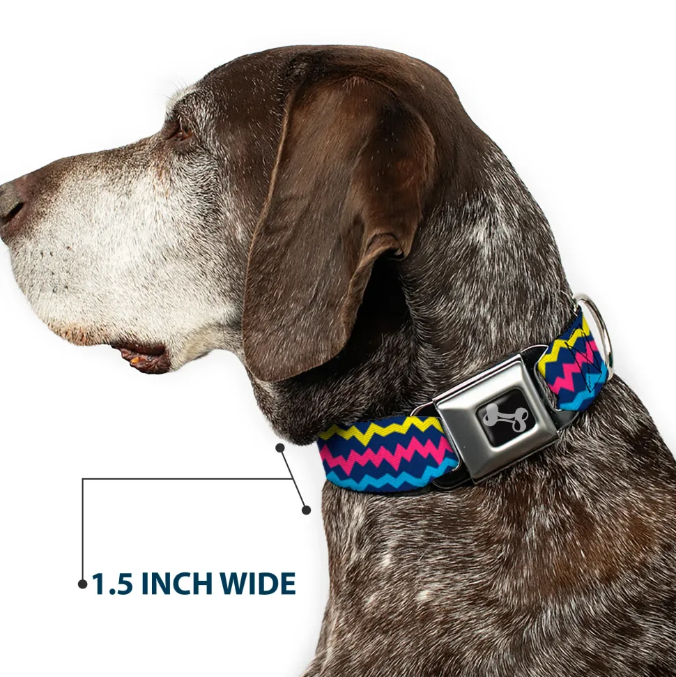 Dog Bone Black/Silver Seatbelt Buckle Collar - Scribble Zig Zag Stripe Navy/Multi Color