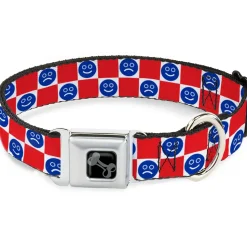 Dog Bone Black/Silver Seatbelt Buckle Collar - Smiley Sad Face Checker Red/White/Blue