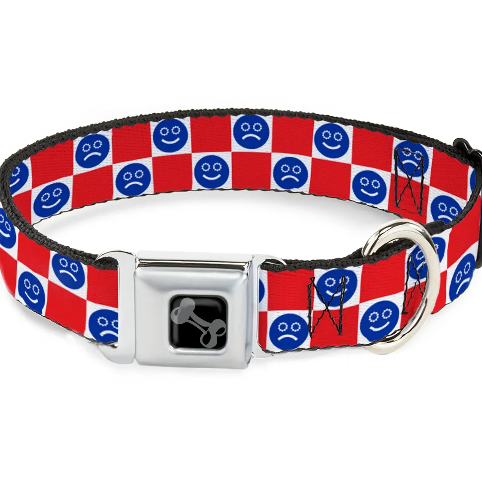 Dog Bone Black/Silver Seatbelt Buckle Collar - Smiley Sad Face Checker Red/White/Blue
