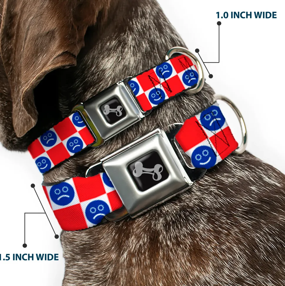 Dog Bone Black/Silver Seatbelt Buckle Collar - Smiley Sad Face Checker Red/White/Blue