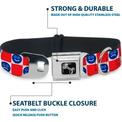 Dog Bone Black/Silver Seatbelt Buckle Collar - Smiley Sad Face Checker Red/White/Blue