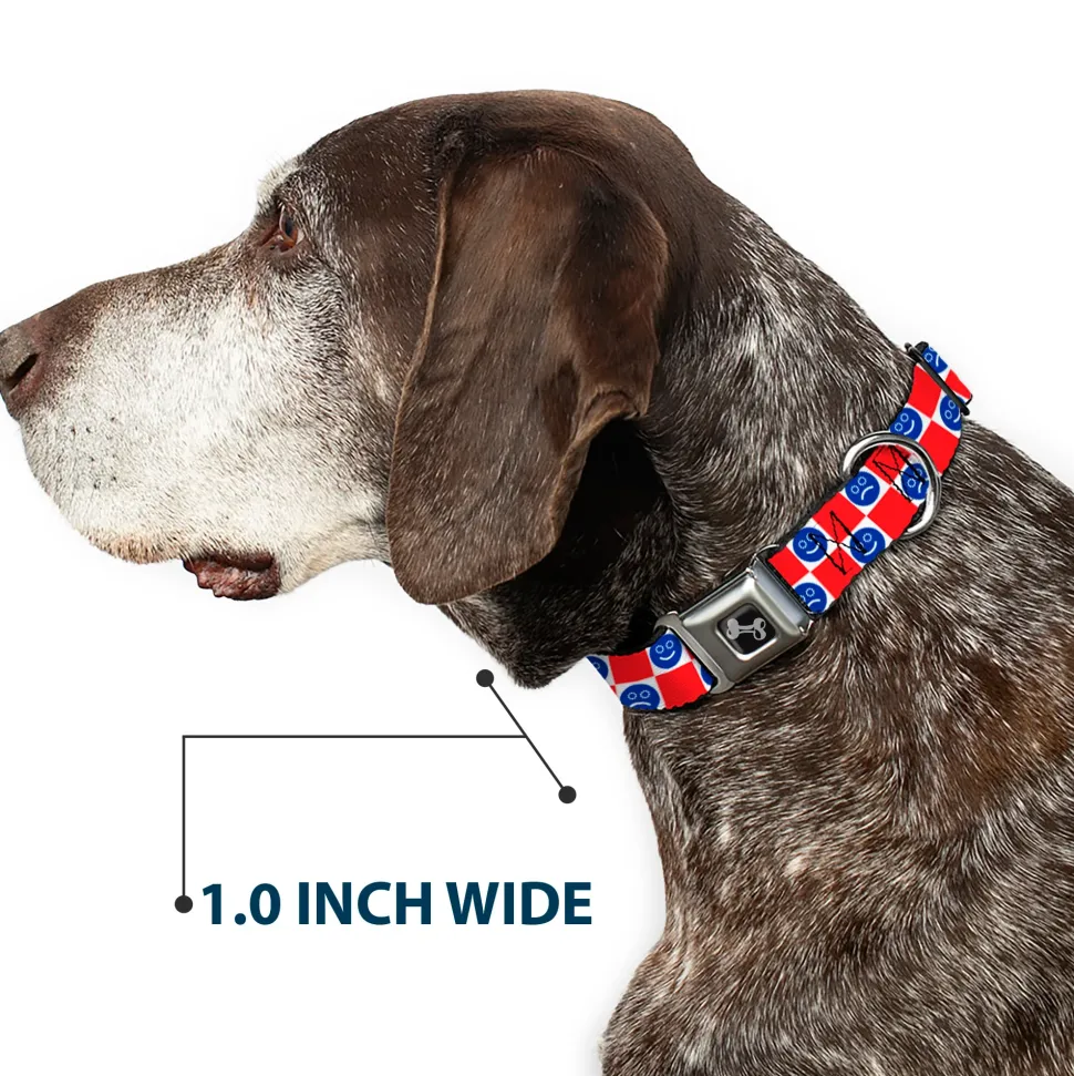 Dog Bone Black/Silver Seatbelt Buckle Collar - Smiley Sad Face Checker Red/White/Blue