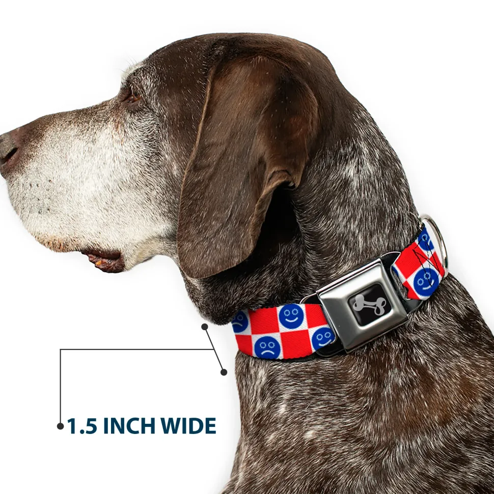 Dog Bone Black/Silver Seatbelt Buckle Collar - Smiley Sad Face Checker Red/White/Blue