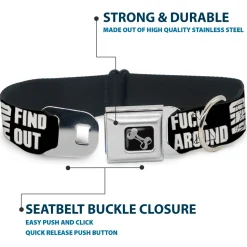 Dog Bone Black/Silver Seatbelt Buckle Collar - FAFO FUCK AROUND AND FIND OUT Bold Black/White