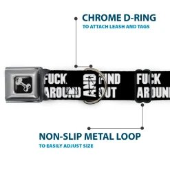 Dog Bone Black/Silver Seatbelt Buckle Collar - FAFO FUCK AROUND AND FIND OUT Bold Black/White