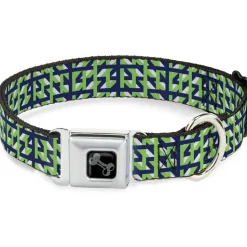 Dog Bone Black/Silver Seatbelt Buckle Collar - Abstract Plaid White/Navy/Neon Green