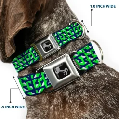 Dog Bone Black/Silver Seatbelt Buckle Collar - Abstract Plaid White/Navy/Neon Green