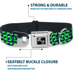 Dog Bone Black/Silver Seatbelt Buckle Collar - Abstract Plaid White/Navy/Neon Green