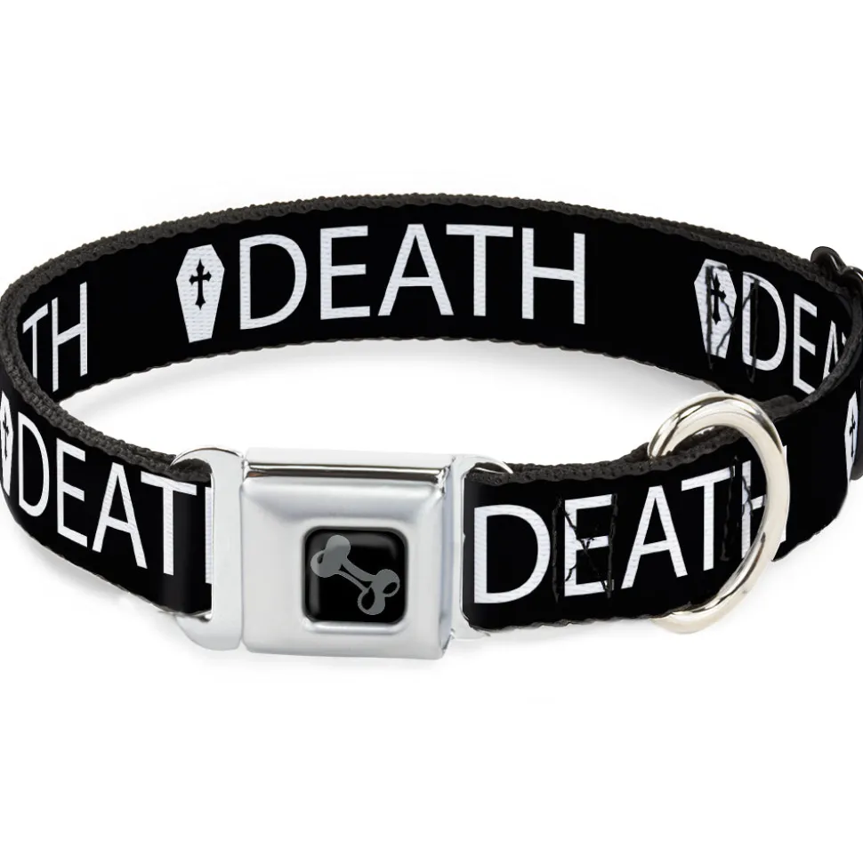 Dog Bone Black/Silver Seatbelt Buckle Collar - DEATH/Coffin Black/White