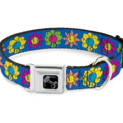Dog Bone Black/Silver Seatbelt Buckle Collar - Funky Flower Drip Blue/Multi Color